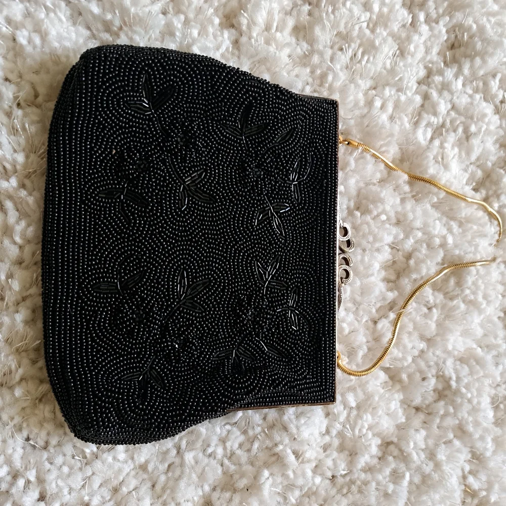 Vintage Black Beaded Clutch Evening Bag‎ Gold Trim Made in Japan